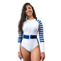 One Piece Womens Swimsuit Long Sleeve Breeze White and Blue Navy Striped | Monaco Swim